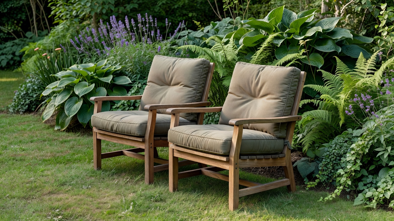 Supportive outdoor chairs with dry cushions beside a leafy garden border