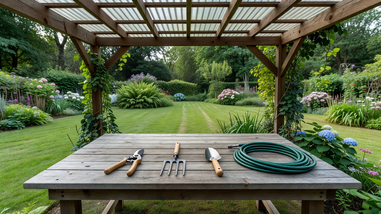 A dry table under a permanent garden roof with generous clear space around the equipment position
