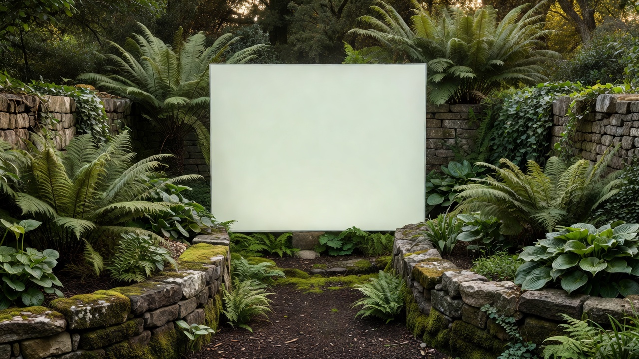 A pale projection screen positioned between sheltered garden borders