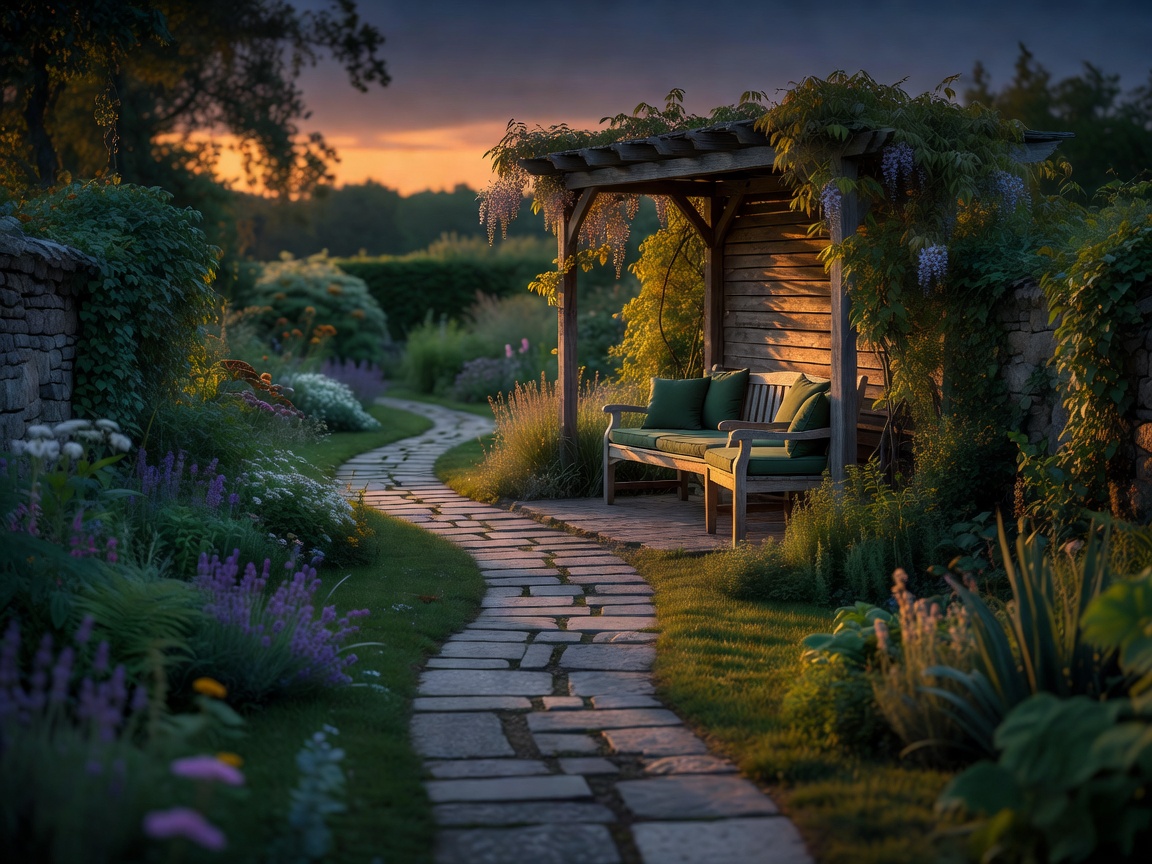A clear garden path leading toward a small sheltered evening seating area