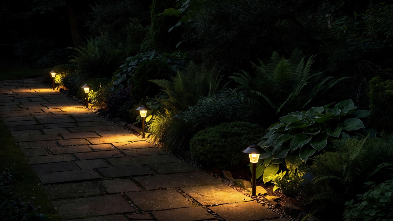 Shielded warm path lights illuminating paving beside a dark planted border